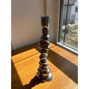 Metal silver stacked stone sculpture candle stick holder river rocks natural